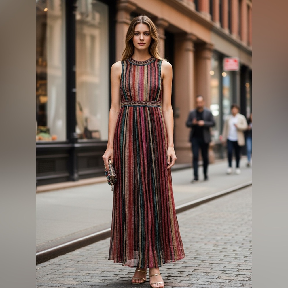 Anthropologie Bl-nk London Artista Striped Metallic Boho Maxi Dress XS